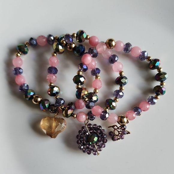 Chic Pink and Purple Beaded Bracelet Set with Gold Accents - Picture 2 of 3